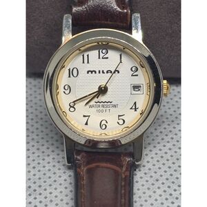 Milan MLN788 Two Tone Ladies Watch Easy Read White Dial Date Brown Leather Strap